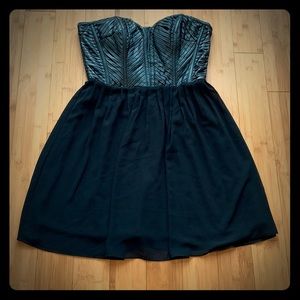 Faux leather and chiffon strapless mini dress